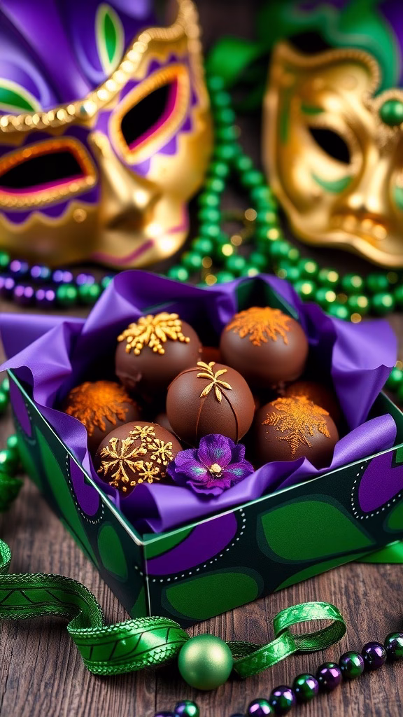Cajun spiced chocolate truffles in a decorative box for Mardi Gras