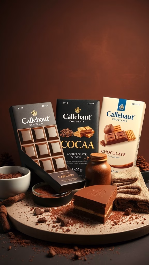 Various Callebaut chocolate products displayed on a wooden board.