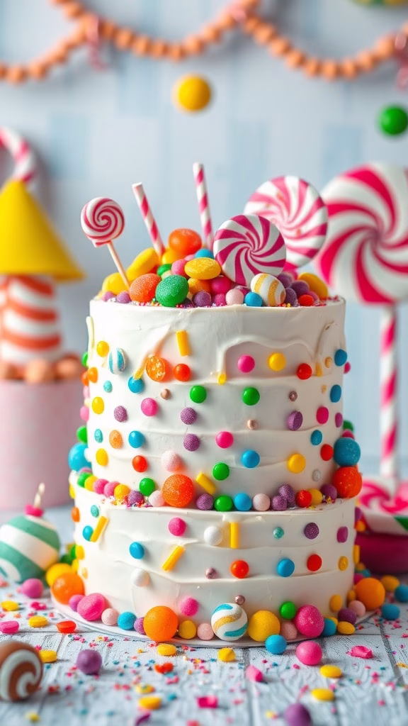A colorful Candy Wonderland Cake decorated with various candies and lollipops