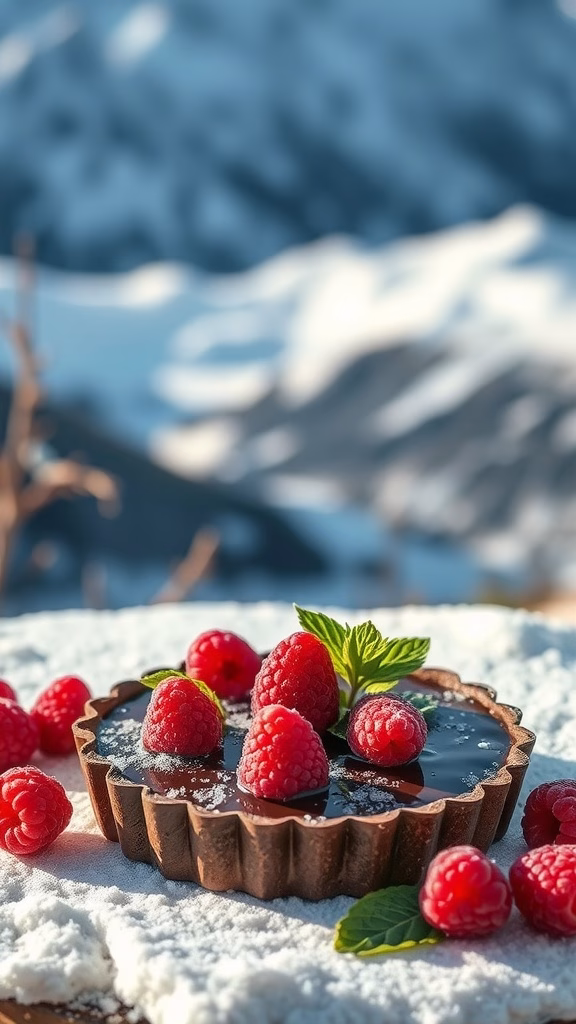 A tempting Swiss chocolate tart topped with raspberries and mint.