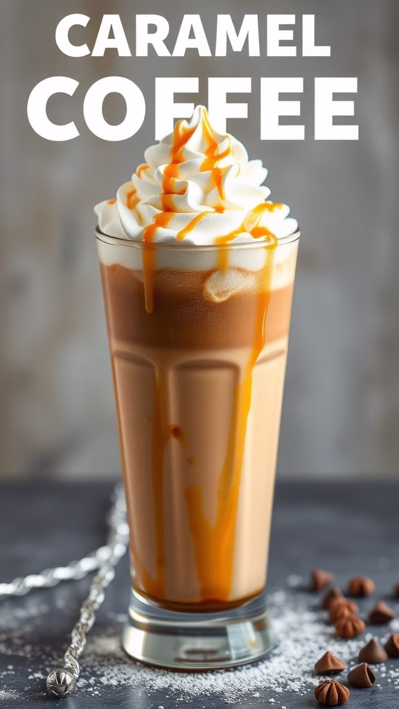 A delicious Caramel Coffee Float topped with whipped cream and caramel drizzle, served in a tall glass.