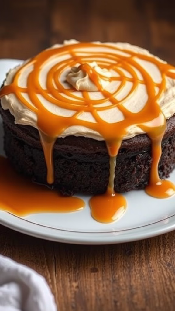 A delicious German chocolate cake topped with creamy frosting and swirled with caramel sauce.