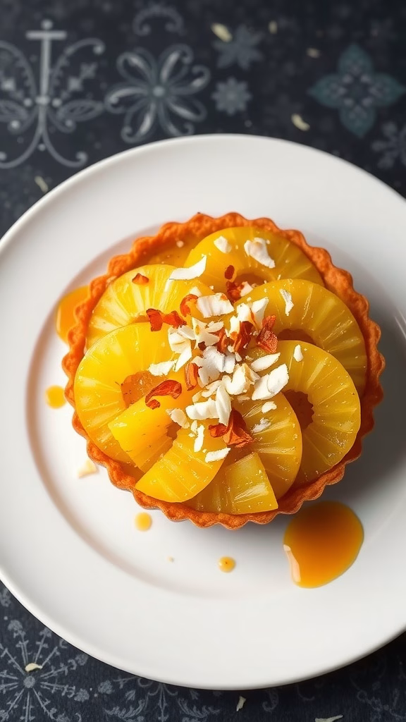 A tropical fruit tart topped with caramelized pineapple and shredded coconut.