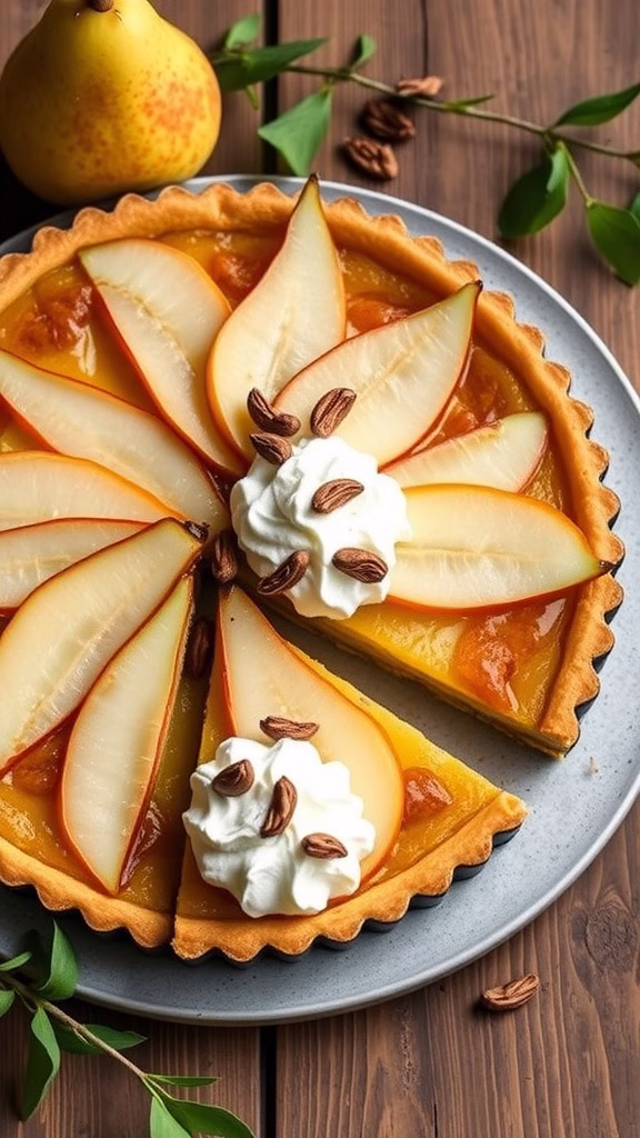 A delicious cardamom and pear tart garnished with sliced pears, whipped cream, and almonds.