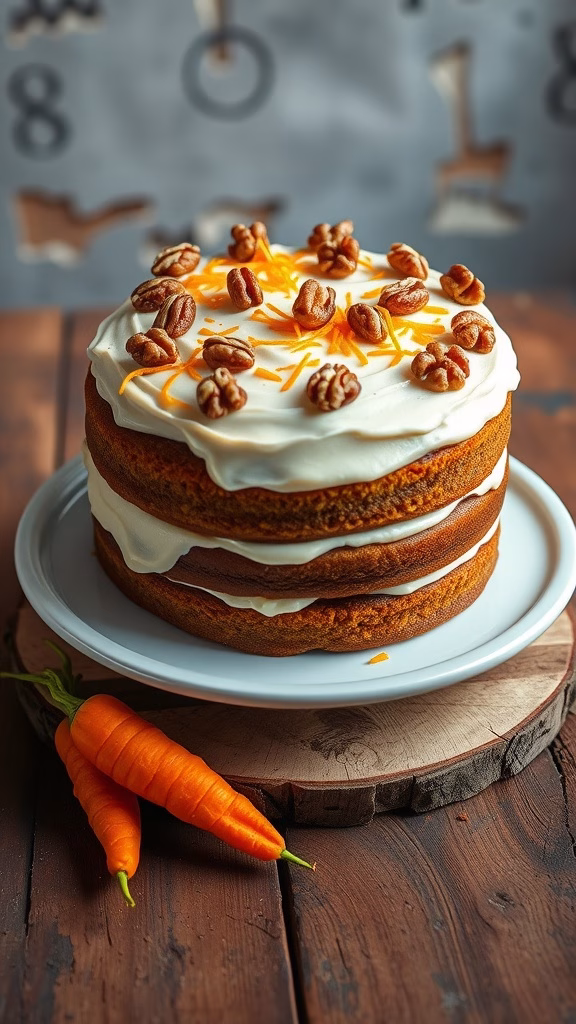 A beautifully decorated carrot cake with cream cheese frosting topped with pecans and carrot strips.