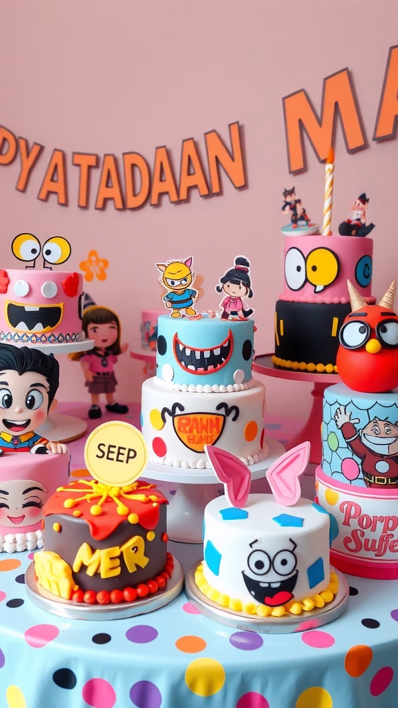 Colorful cartoon and comic-style cakes displayed on a table with playful character designs