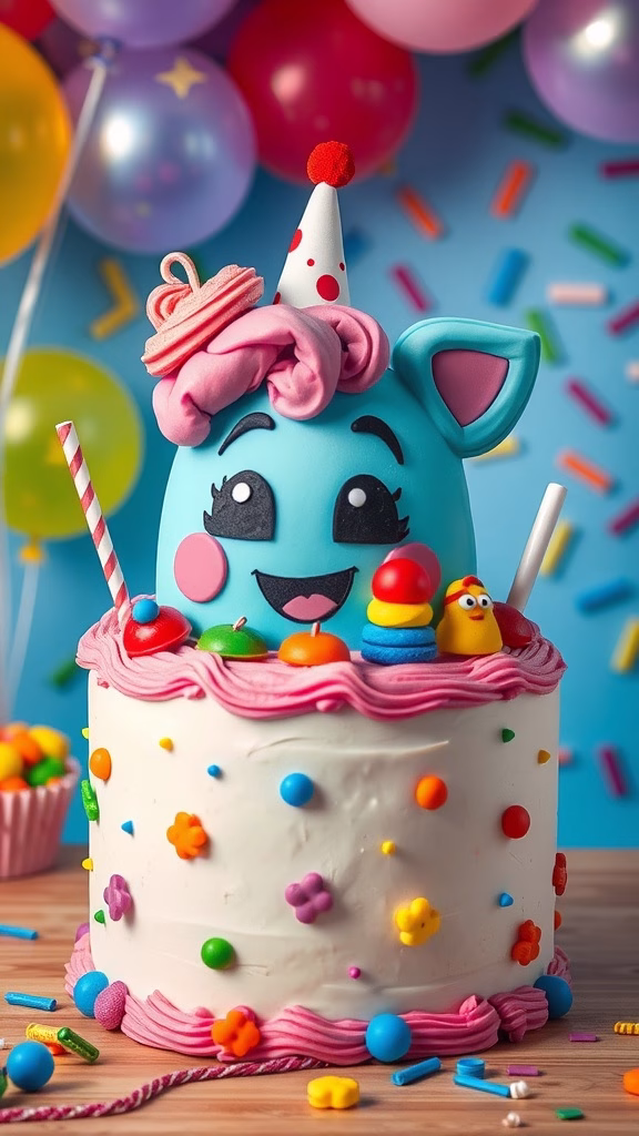 A colorful cartoon character cake decorated with candy and bright frosting, ideal for kids' birthday parties.