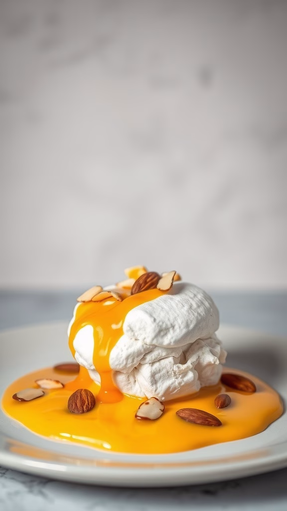 A serving of Floating Islands dessert with meringue and custard.