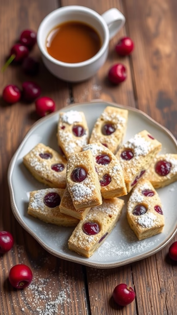 Cherry almond biscotti bites served on a plate with fresh cherries
