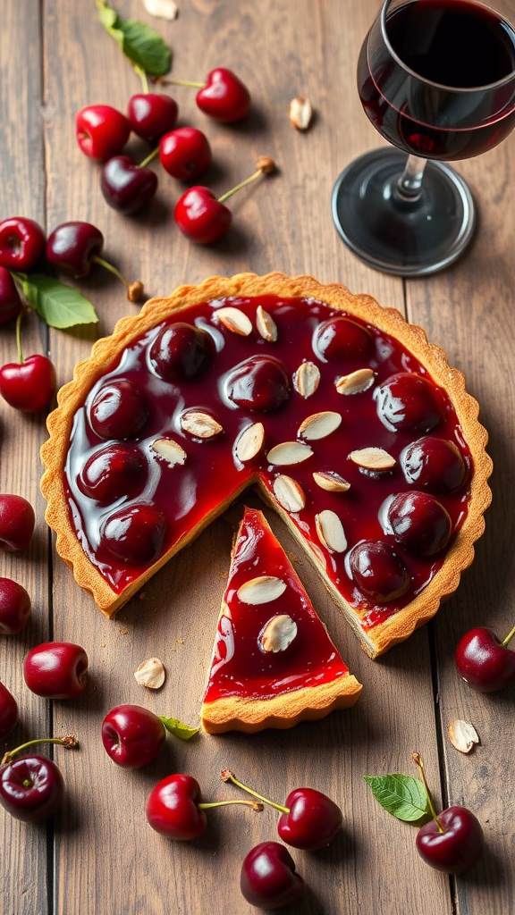 A delicious cherry almond tart with sliced almonds on top, served next to fresh cherries and a glass of red wine.