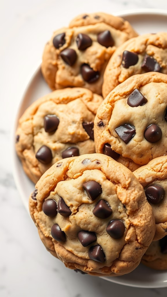 A plate of chewy chocolate chip cookies with chocolate chips on top.