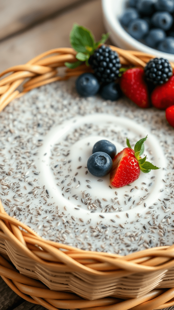 Chia seed pudding topped with fresh berries in a woven basket