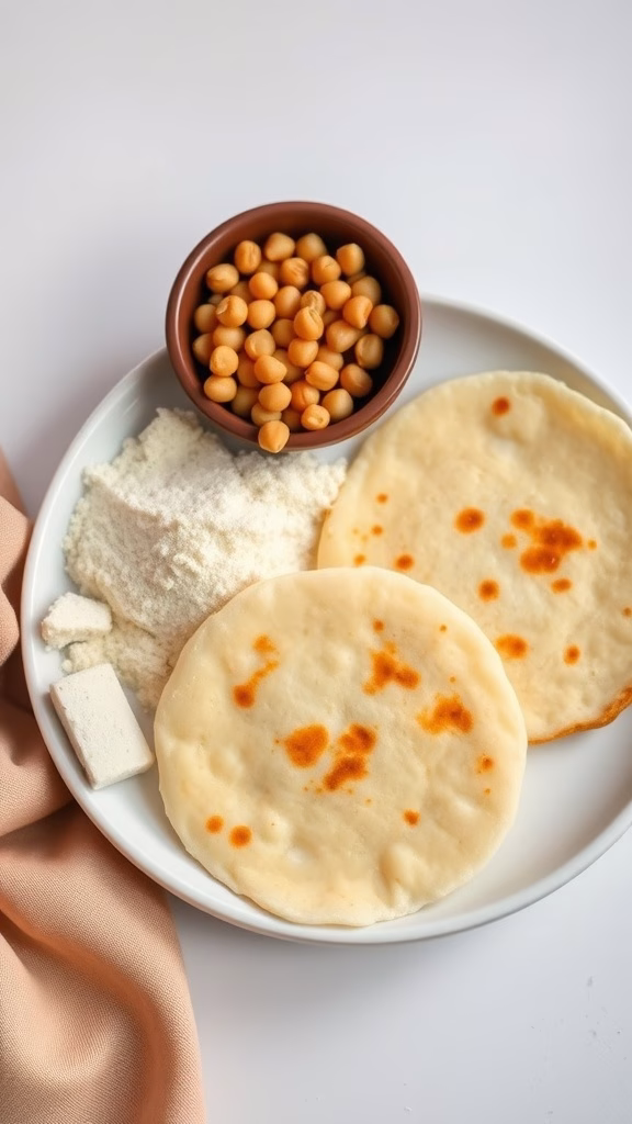 Chickpea flour, whole chickpeas, and flatbreads on a plate, showcasing alternative flour options.