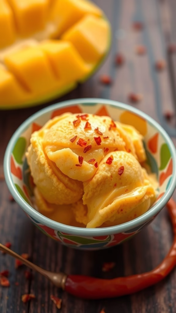A bowl of chili and mango ice cream garnished with chili flakes, showcasing a unique dessert pairing of sweet and spicy flavors.