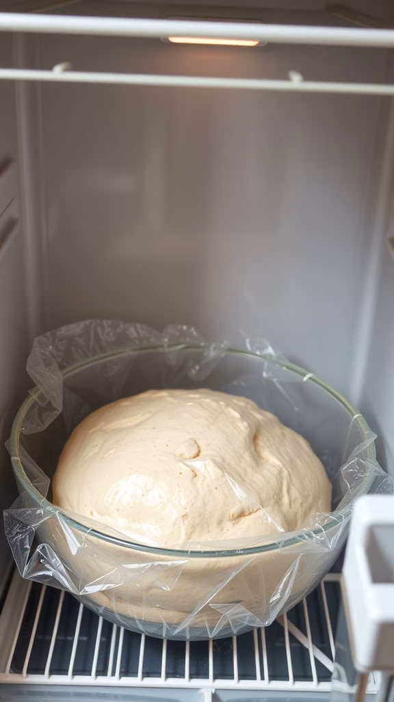 A bowl of dough wrapped in plastic, sitting in a refrigerator.