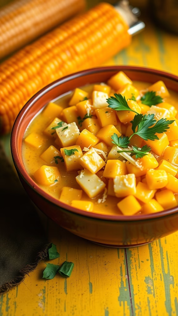 A bowl of Choclo con Queso featuring fresh corn kernels and diced cheese.