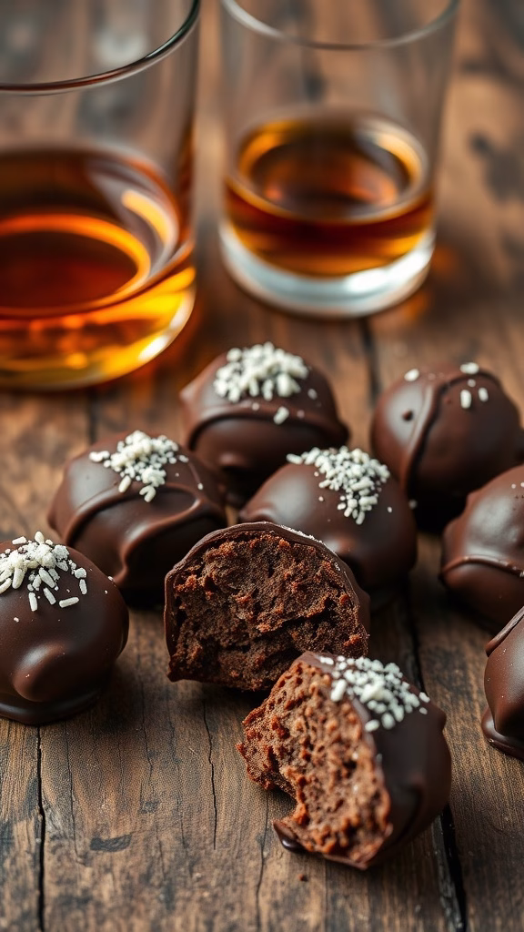Chocolate-covered bourbon balls with sprinkles, placed on a wooden table.