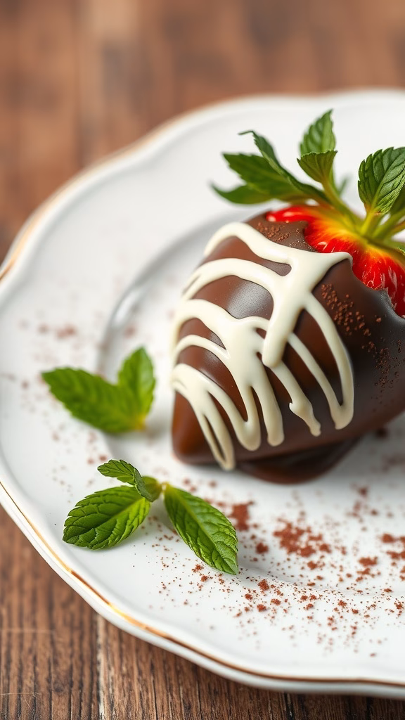 Delicious chocolate-covered strawberries decorated with white chocolate drizzle and fresh mint leaves.