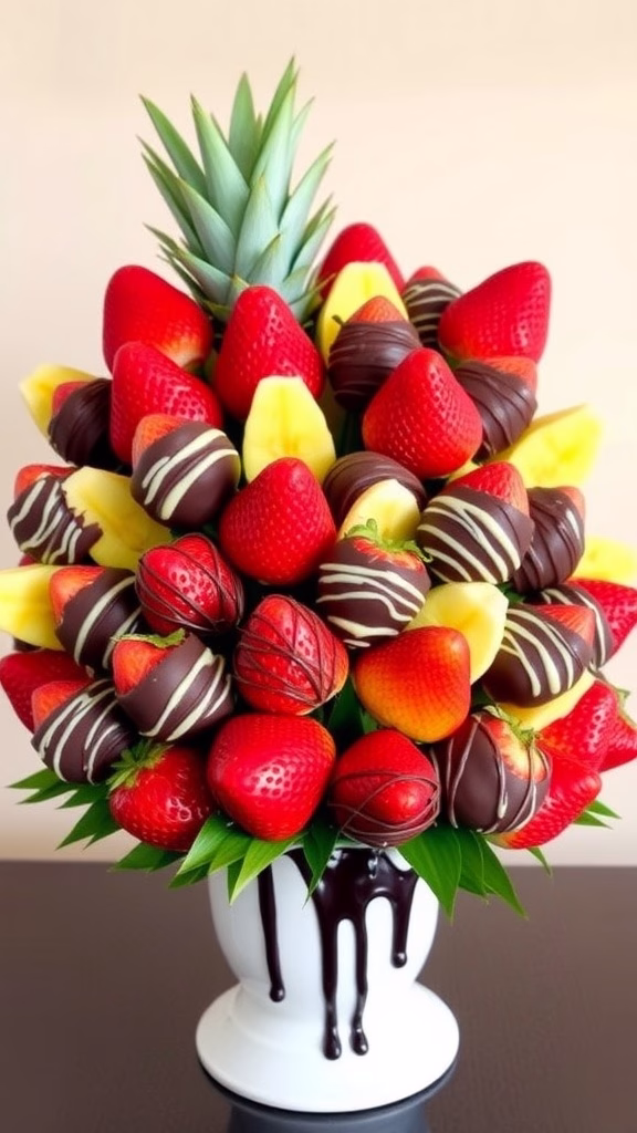 A vibrant chocolate-dipped fruit bouquet featuring strawberries, bananas, and pineapples arranged beautifully.