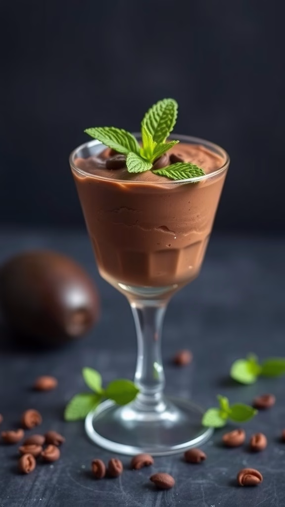 A creamy chocolate mousse topped with mint leaves, showcasing a rich texture.
