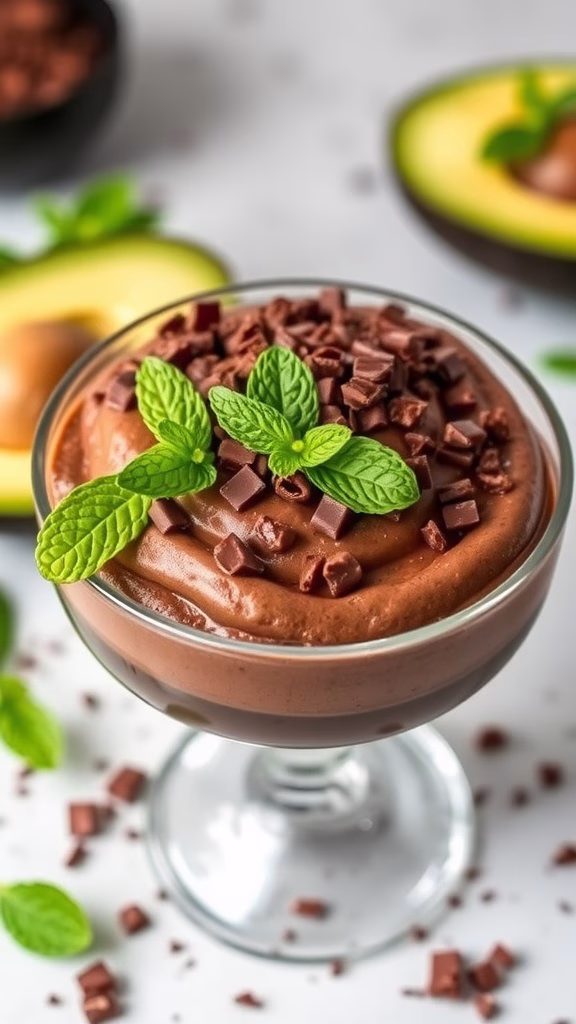 Creamy chocolate avocado mousse served in glasses, garnished with mint leaves and chocolate pieces.