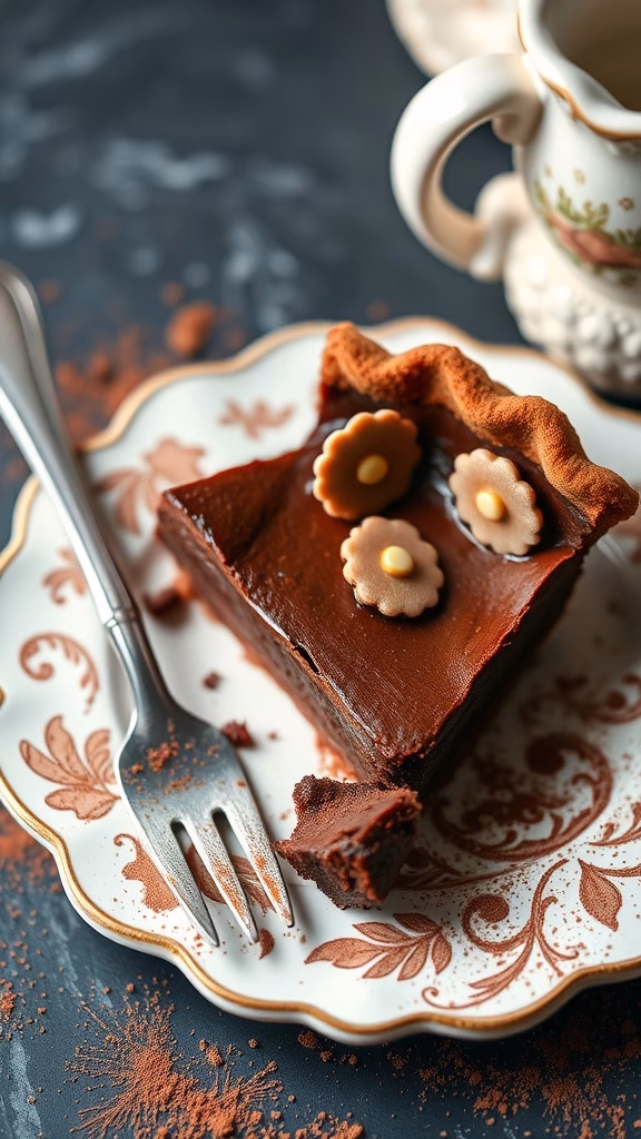 A slice of chocolate chess pie with decorative flowers on top, served on a decorative plate.