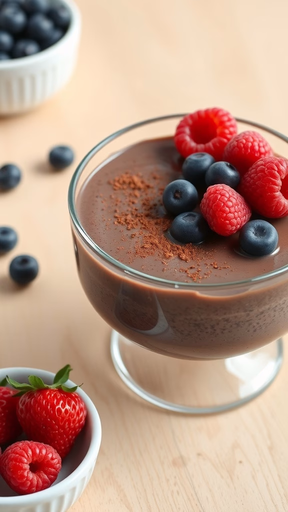 A bowl of chocolate chia pudding topped with fresh berries.