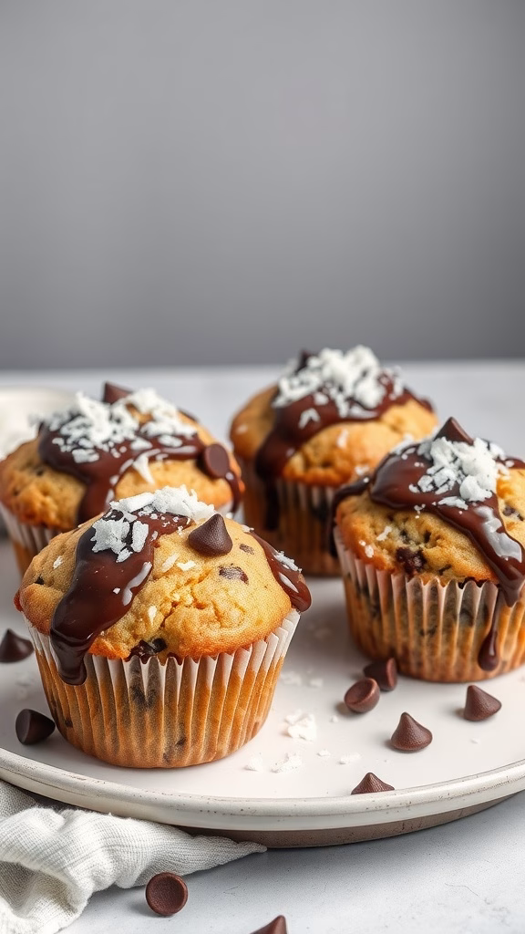 Delicious chocolate chip coconut muffins topped with chocolate drizzle and shredded coconut.