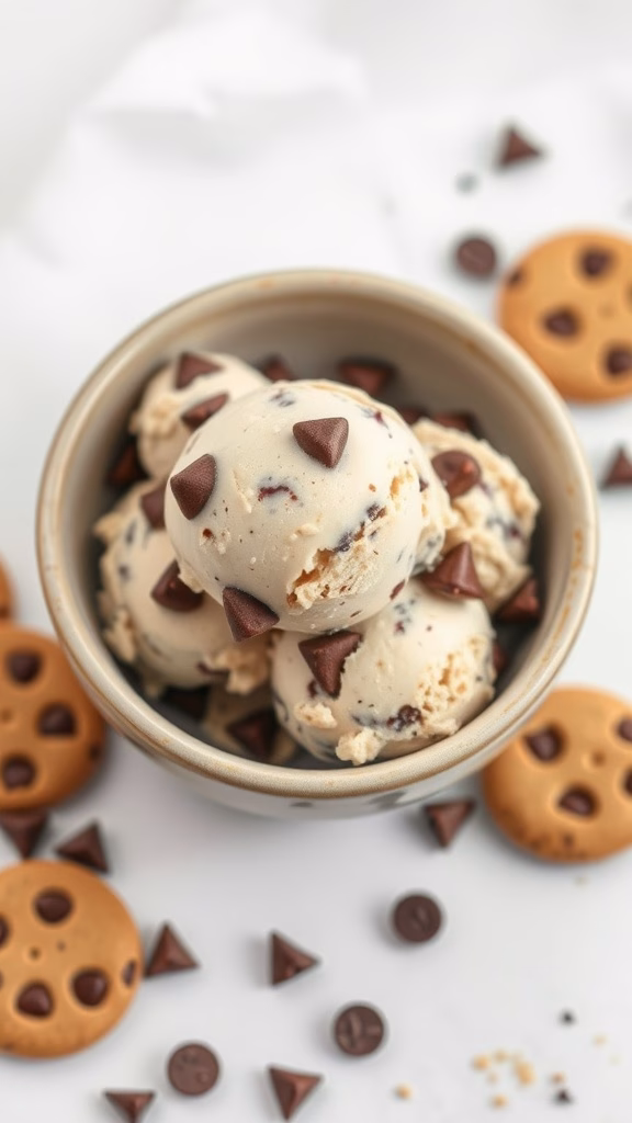 A bowl of chocolate chip cookie dough ice cream with cookie pieces and chocolate chips.