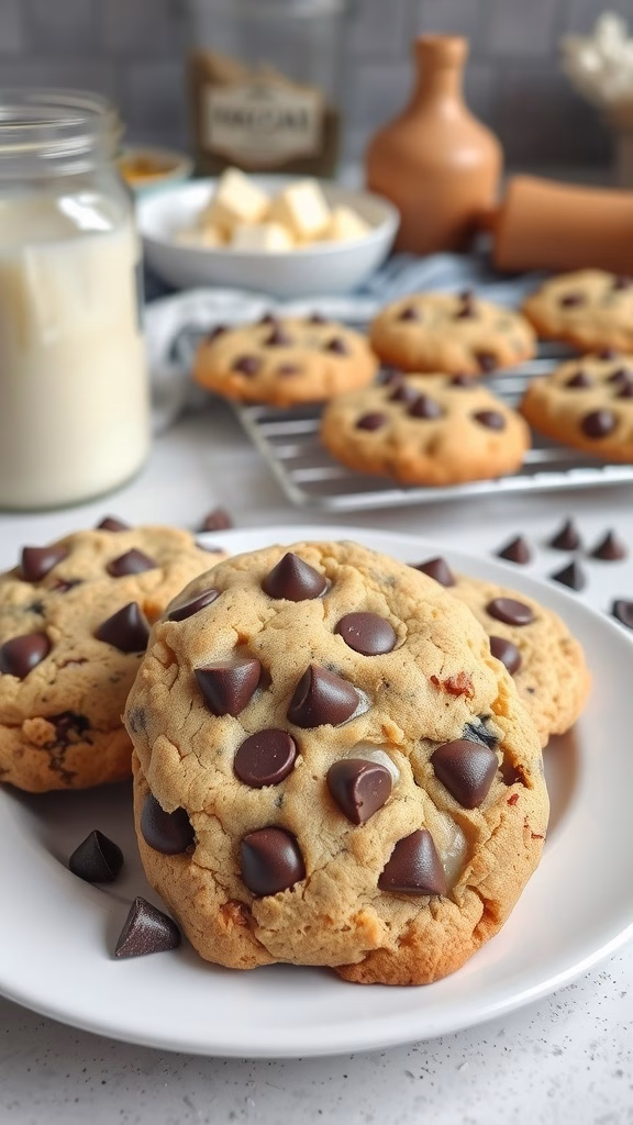 Chocolate chip cream cheese cookies on a plate with chocolate chips scattered around.