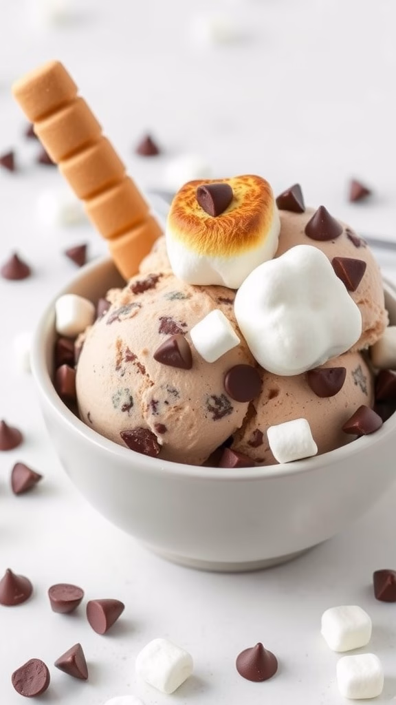 Delicious chocolate chip s'mores ice cream with marshmallows and chocolate chips