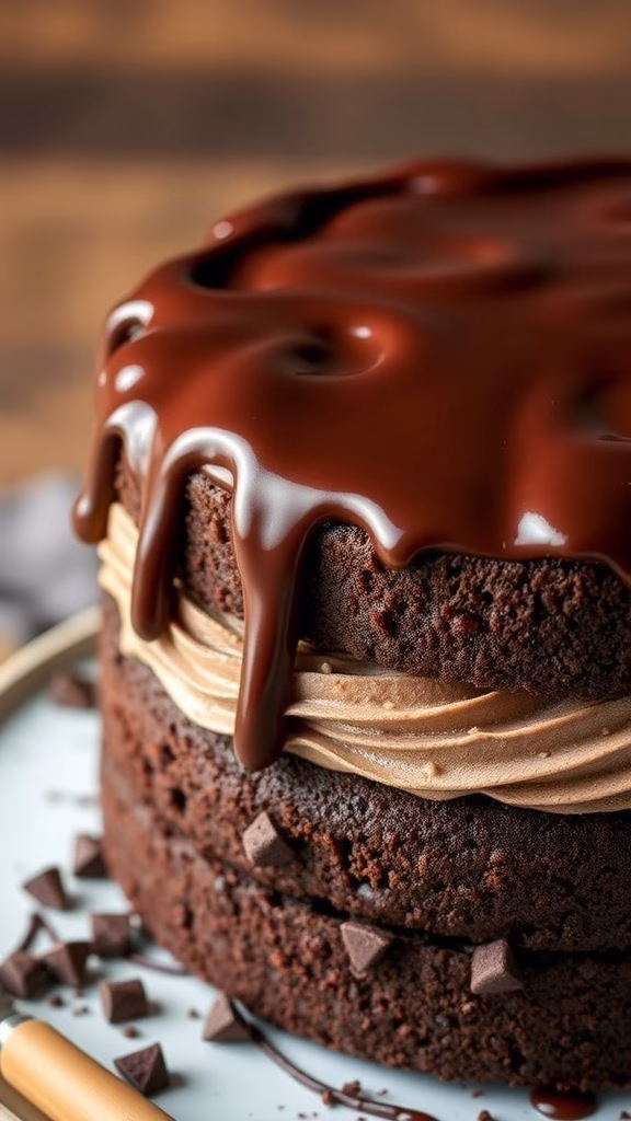 Chocolate ganache drizzled over a layered chocolate cake