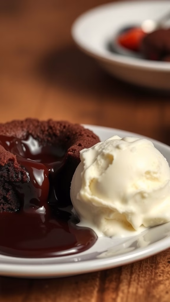 A delicious chocolate lava cake served with vanilla ice cream.