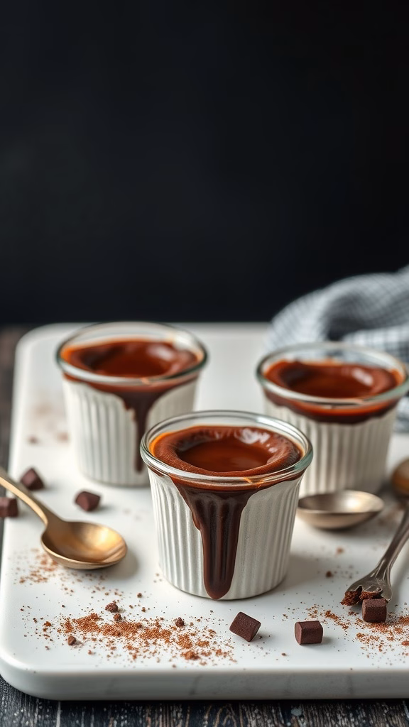 Chocolate lava cake shots served in small ramekins, oozing rich chocolate.