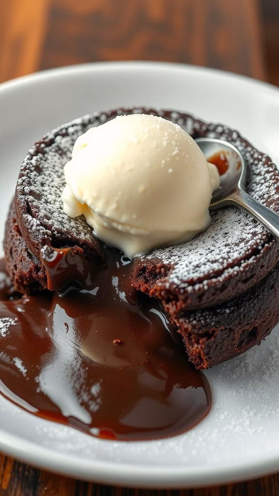 A warm chocolate lava cake with molten chocolate oozing out, topped with a scoop of vanilla ice cream.