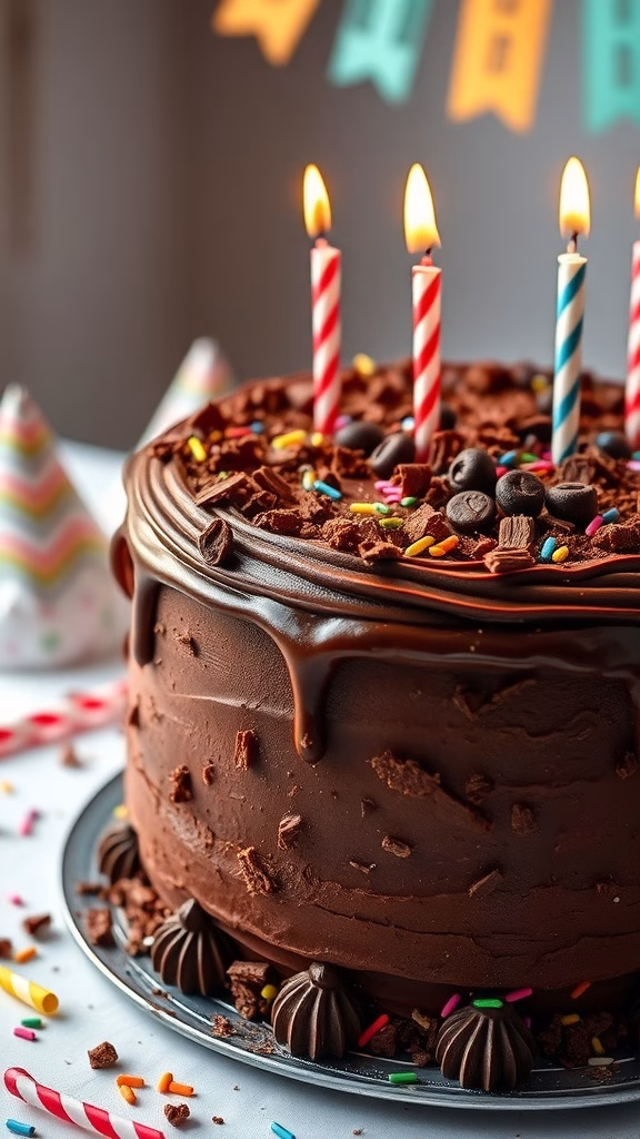 Chocolate drip birthday cake with candles and colorful sprinkles