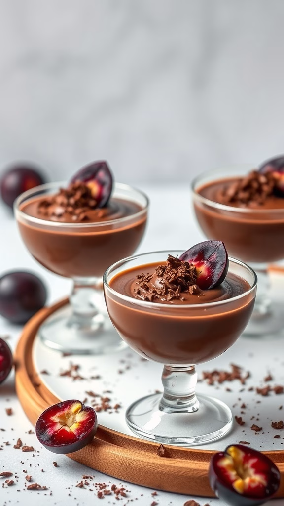 Delicious chocolate mangosteen mousse served in elegant glasses with chocolate shavings and fresh mangosteen on top.