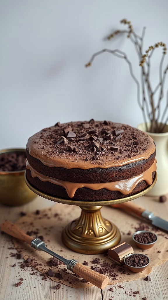 A beautifully decorated chocolate cake on a stand with chocolate shavings.