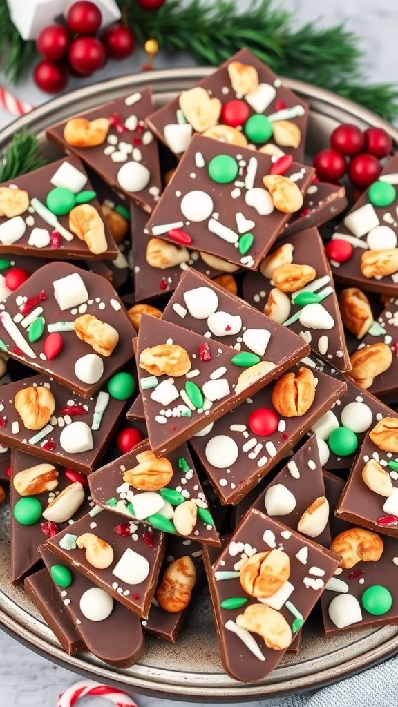 A delicious platter of chocolate mint bark with nuts, featuring festive colors and textures.