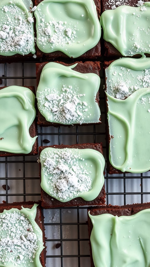Chocolate mint brownies with a creamy green frosting topped with crushed peppermint candies.