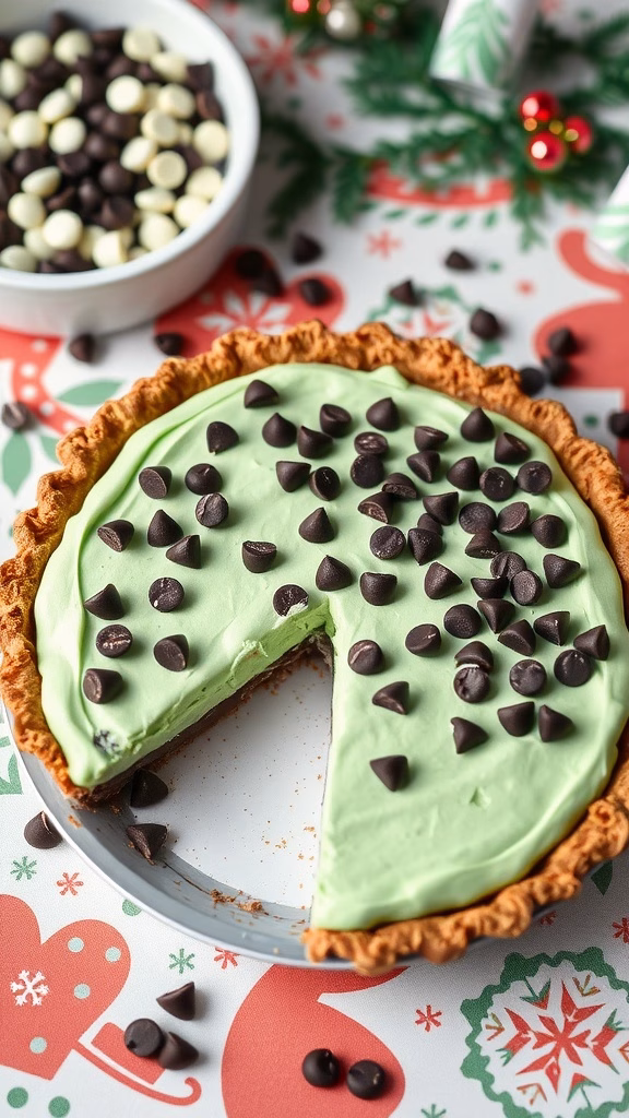 A chocolate mint chip pie with a slice taken out, topped with chocolate chips.