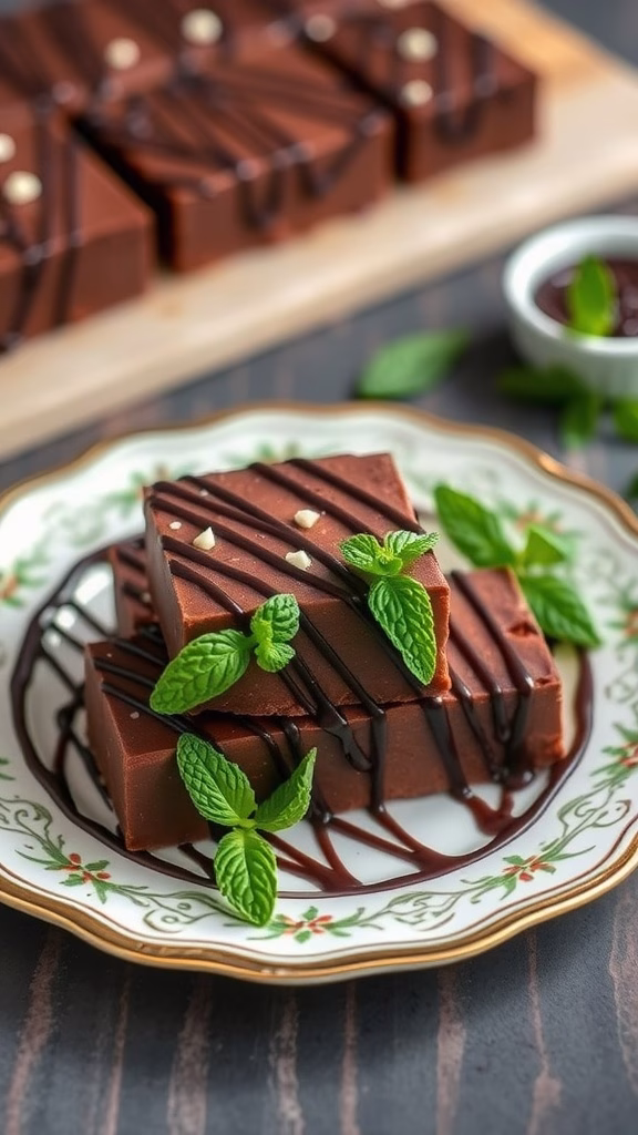 Delicious chocolate mint fudge squares garnished with mint leaves