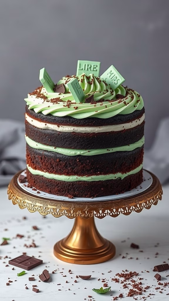 A beautifully decorated chocolate mint layer cake on a golden cake stand.
