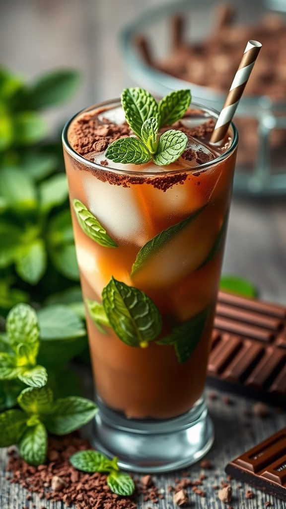 A refreshing Chocolate Mint Mojito Punch served in a glass with mint leaves and chocolate shavings.