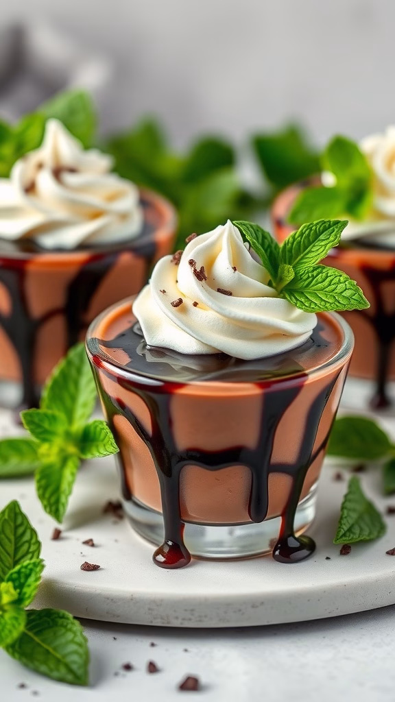 Delicious chocolate mint pudding served in cups with whipped cream and mint leaves