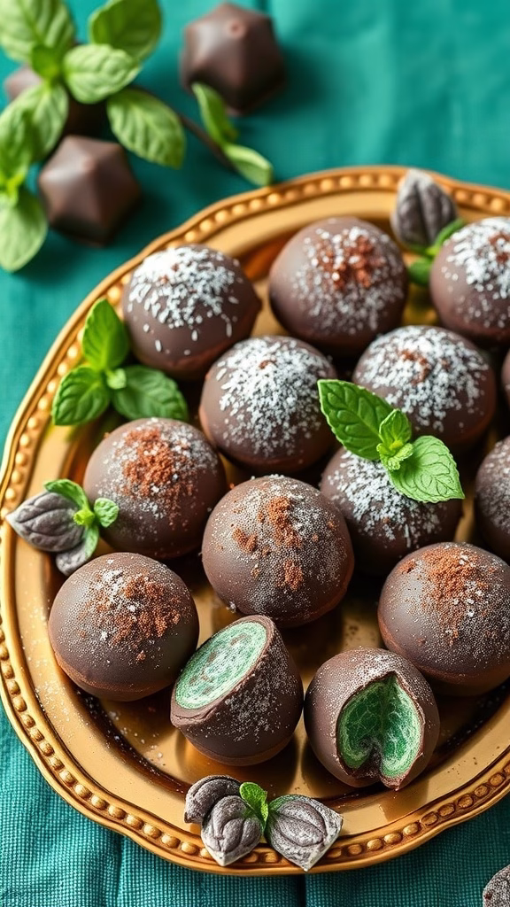 Delicious chocolate mint truffles arranged on a golden plate, garnished with mint leaves.