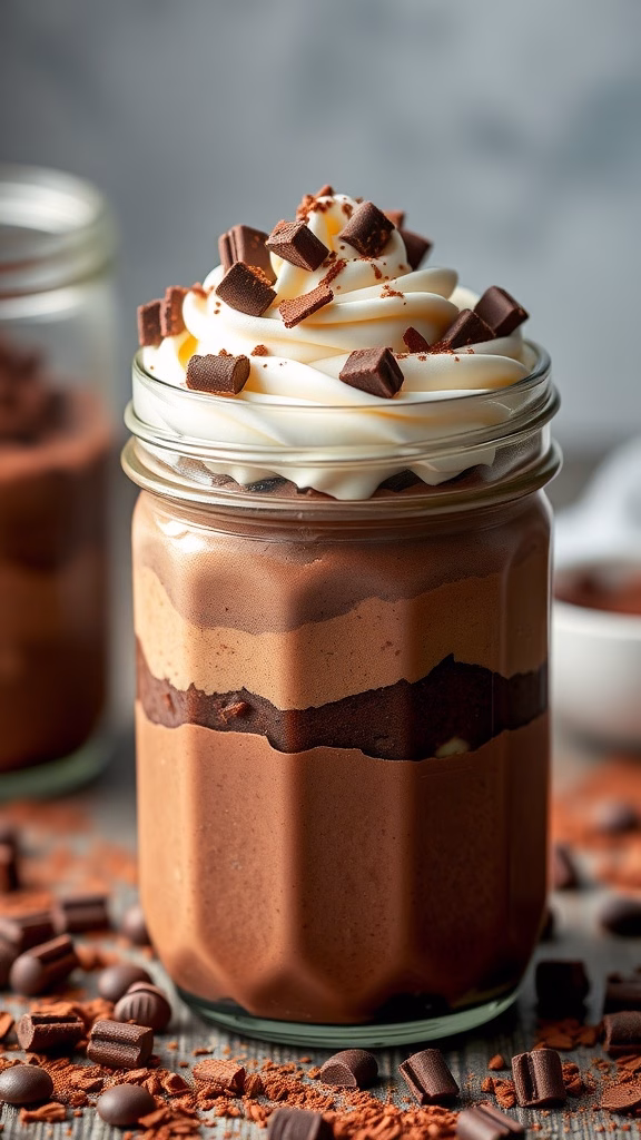 A jar filled with layered chocolate mousse topped with whipped cream and chocolate pieces.