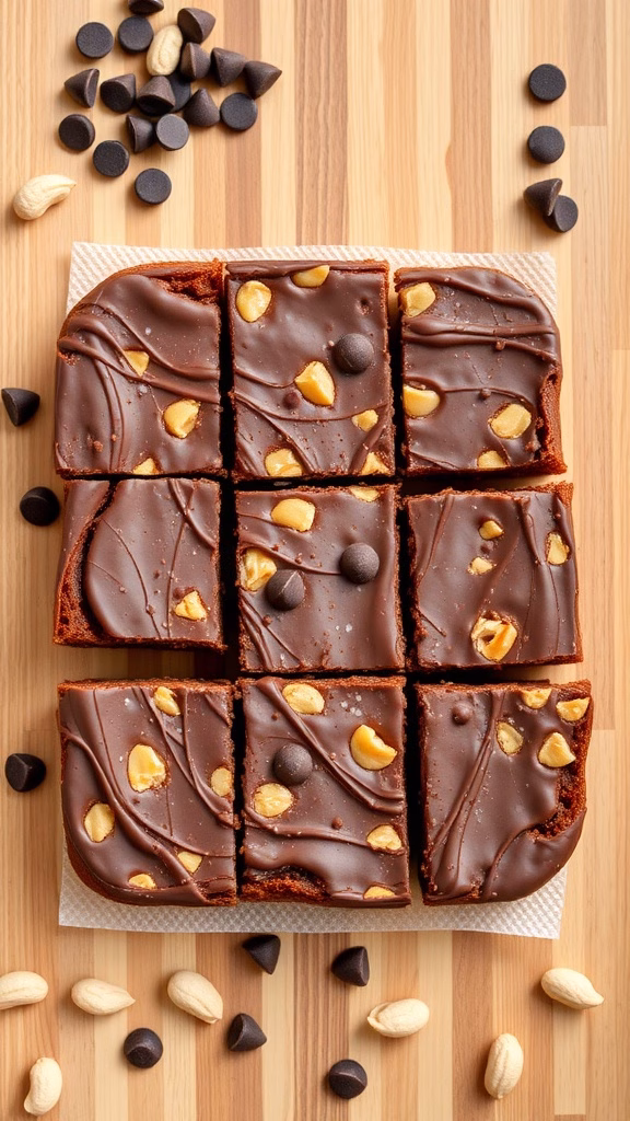 Delicious chocolate peanut butter protein bars cut into squares with chocolate chips and peanuts.