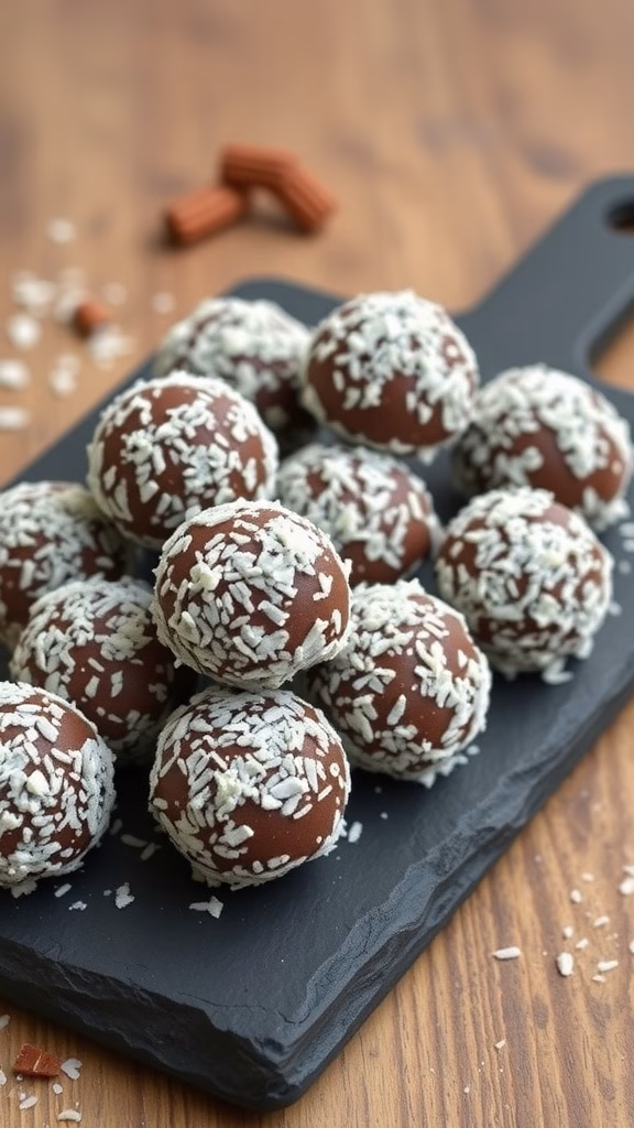 Chocolate protein energy balls rolled in coconut flakes