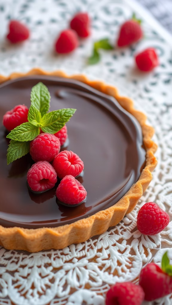 A chocolate raspberry tart garnished with fresh raspberries and mint leaves.